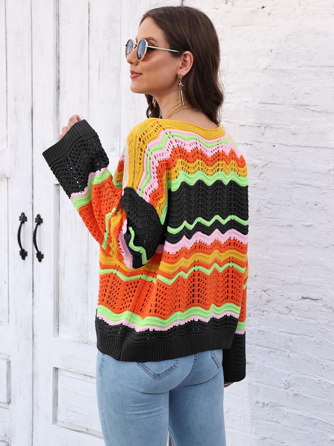 Openwork Round Neck Knit Top BLUE ZONE PLANET
