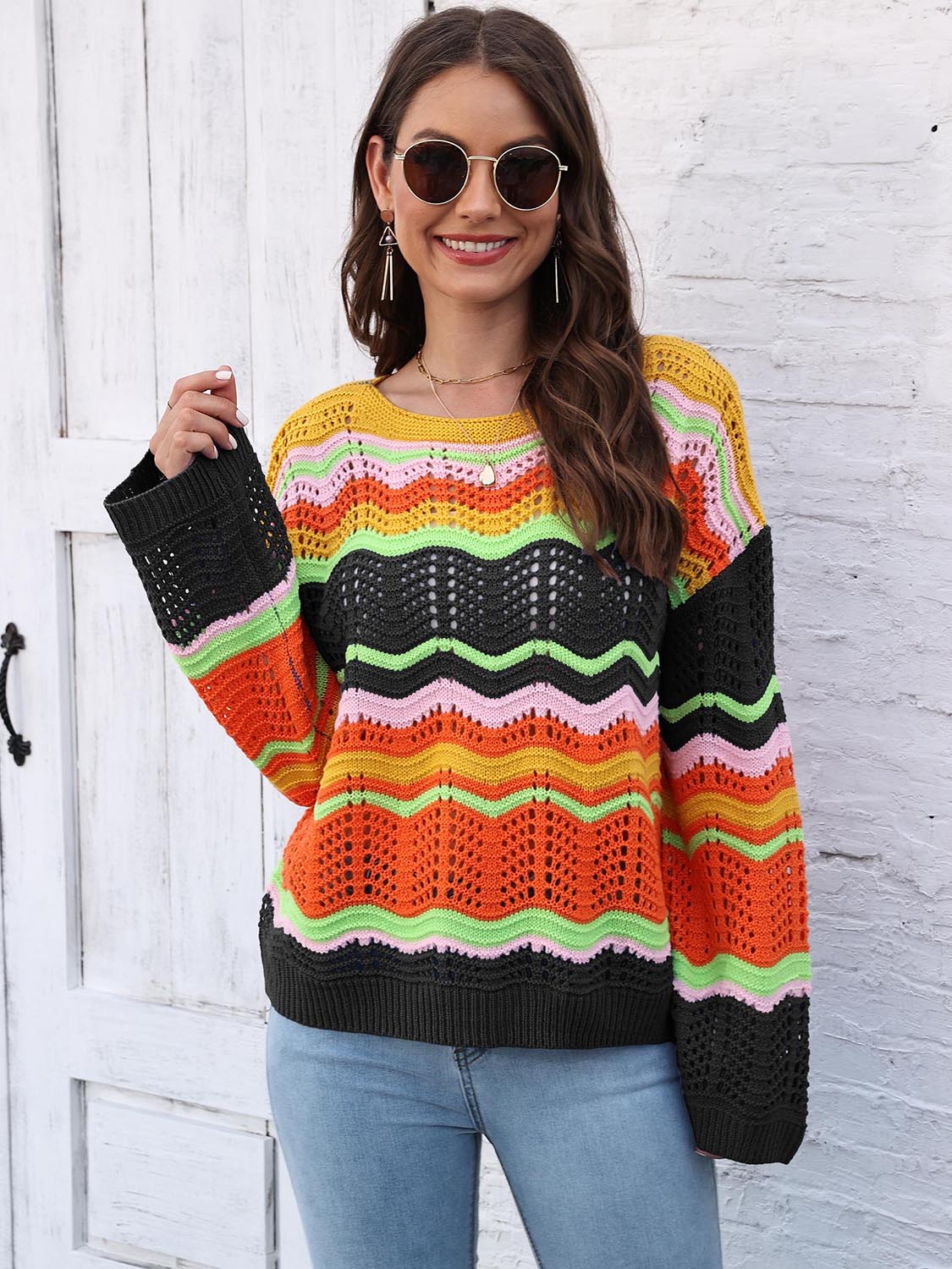 Openwork Round Neck Knit Top BLUE ZONE PLANET