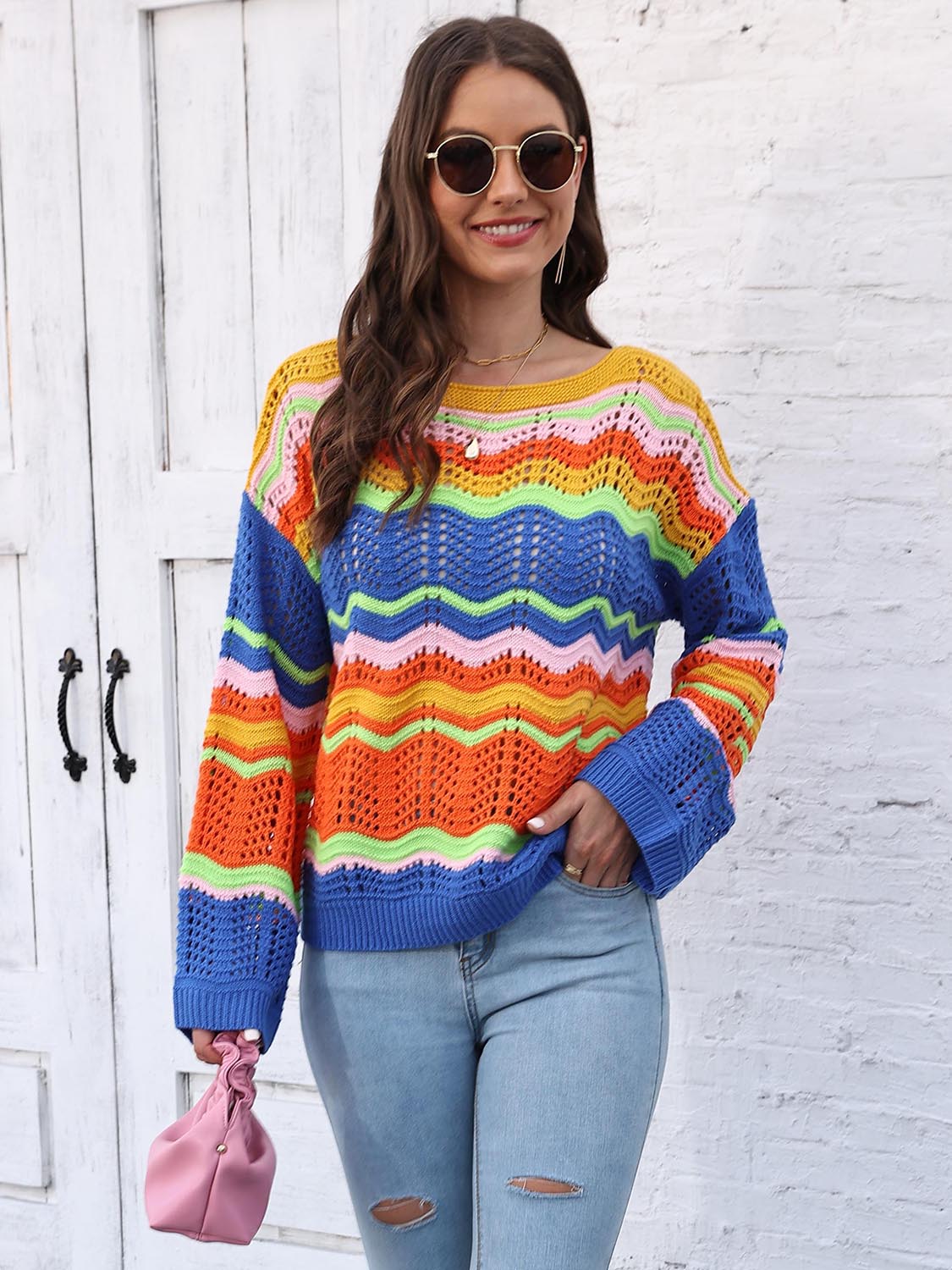 Openwork Round Neck Knit Top BLUE ZONE PLANET