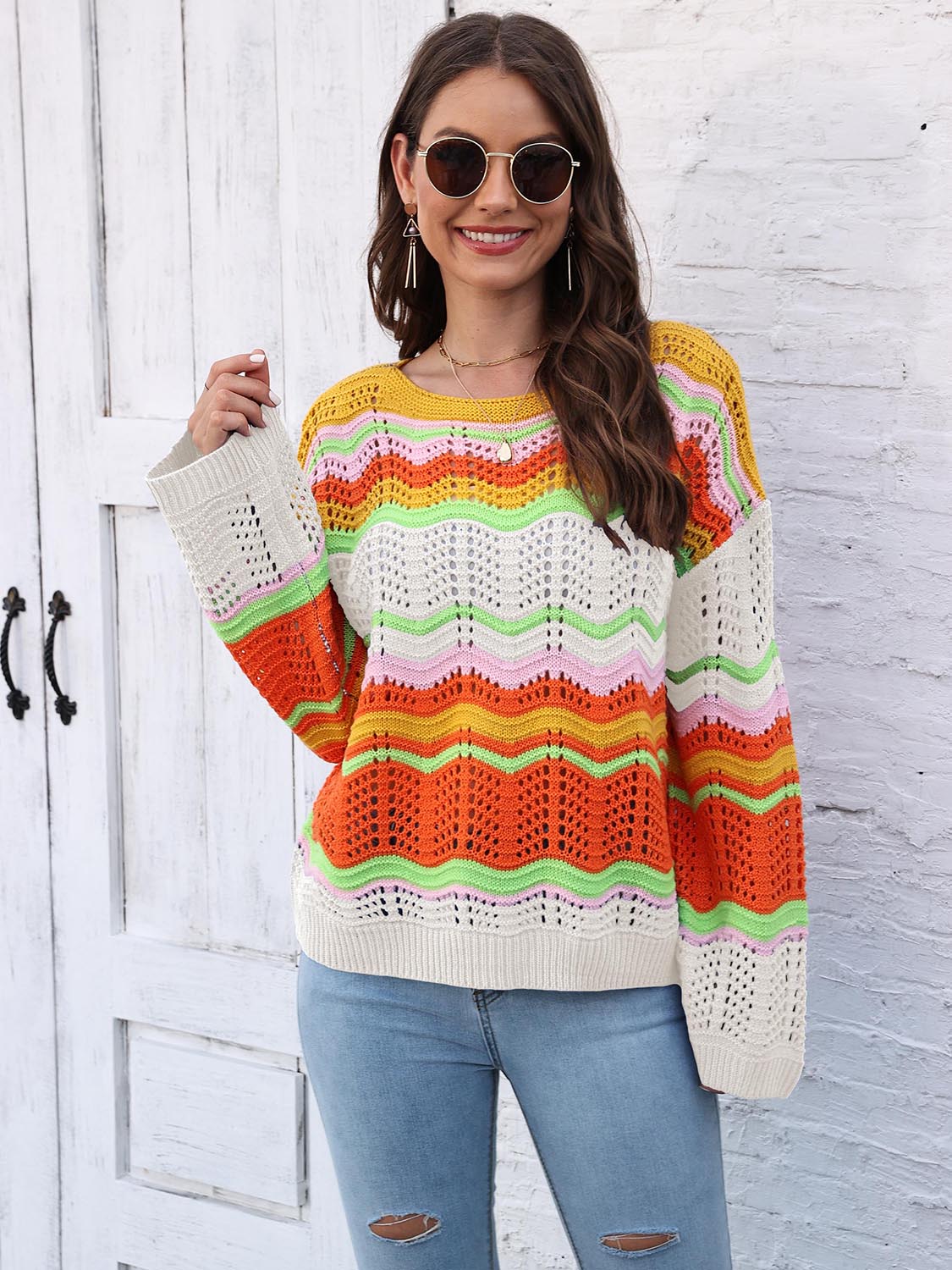 Openwork Round Neck Knit Top BLUE ZONE PLANET