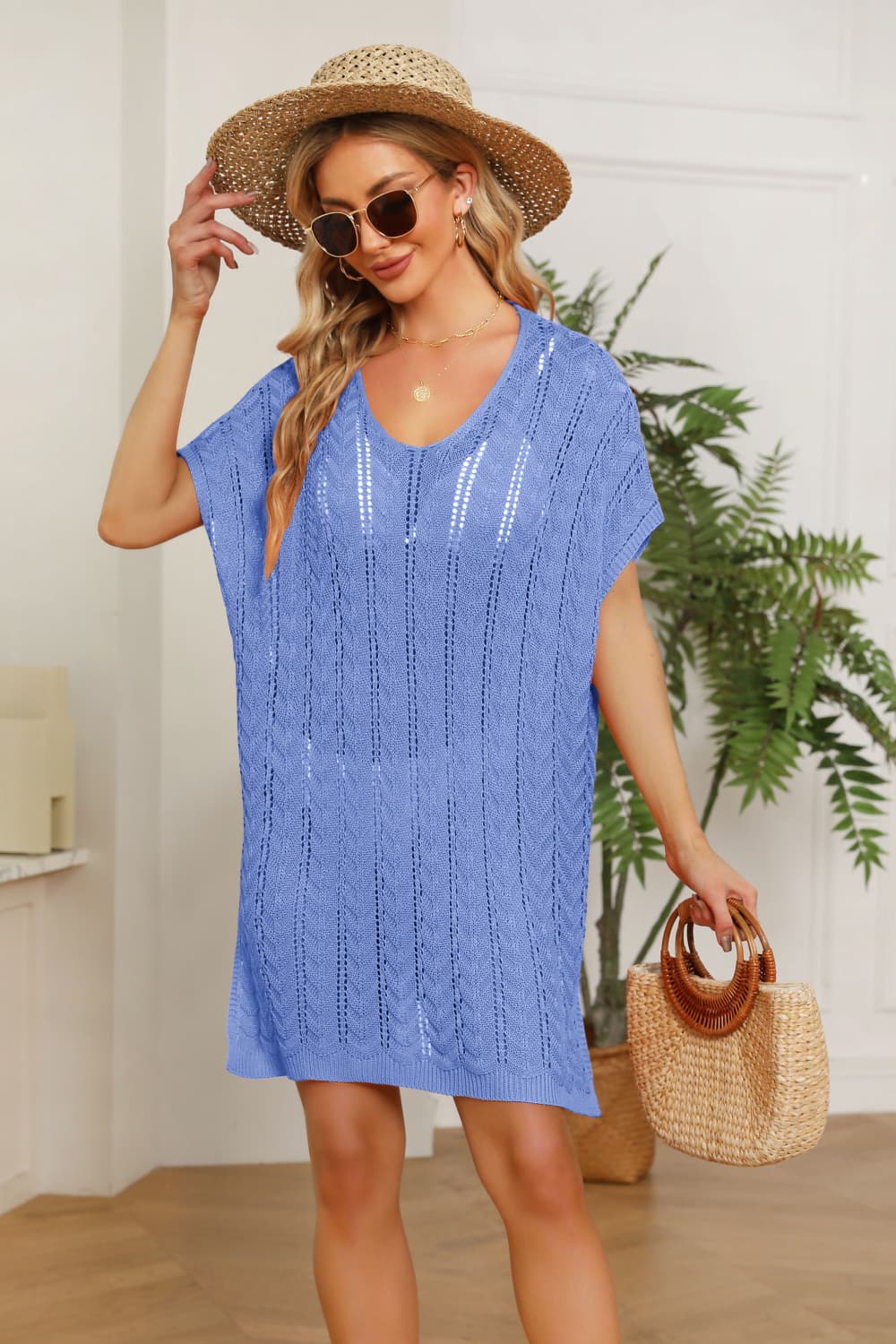 Openwork Side Slit Knit Dress BLUE ZONE PLANET