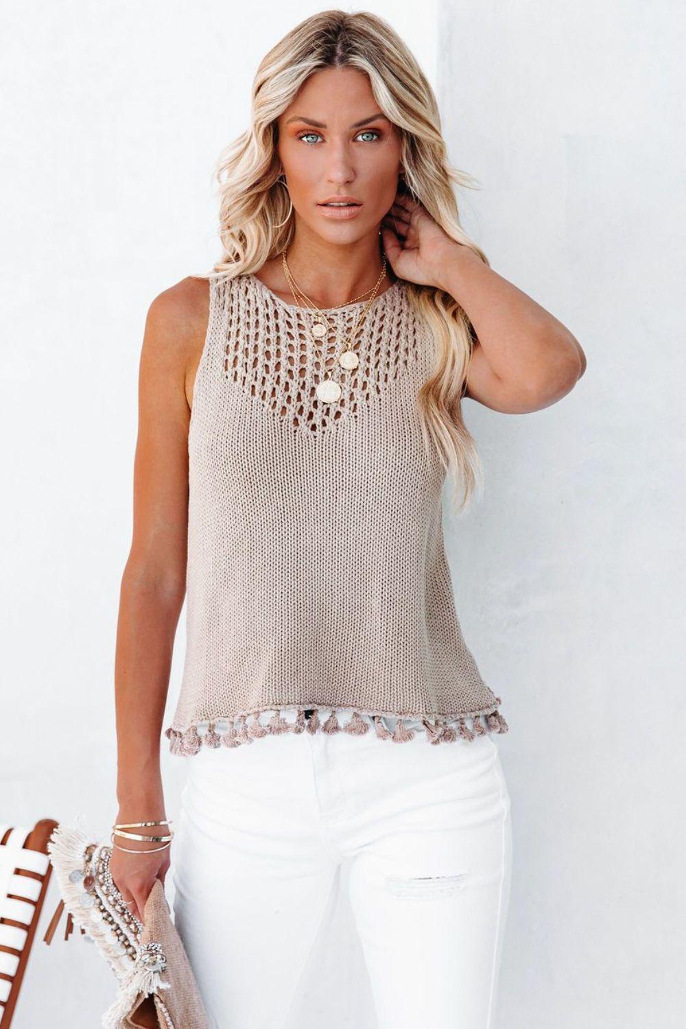 Openwork Tassel Hem Knit Tank BLUE ZONE PLANET