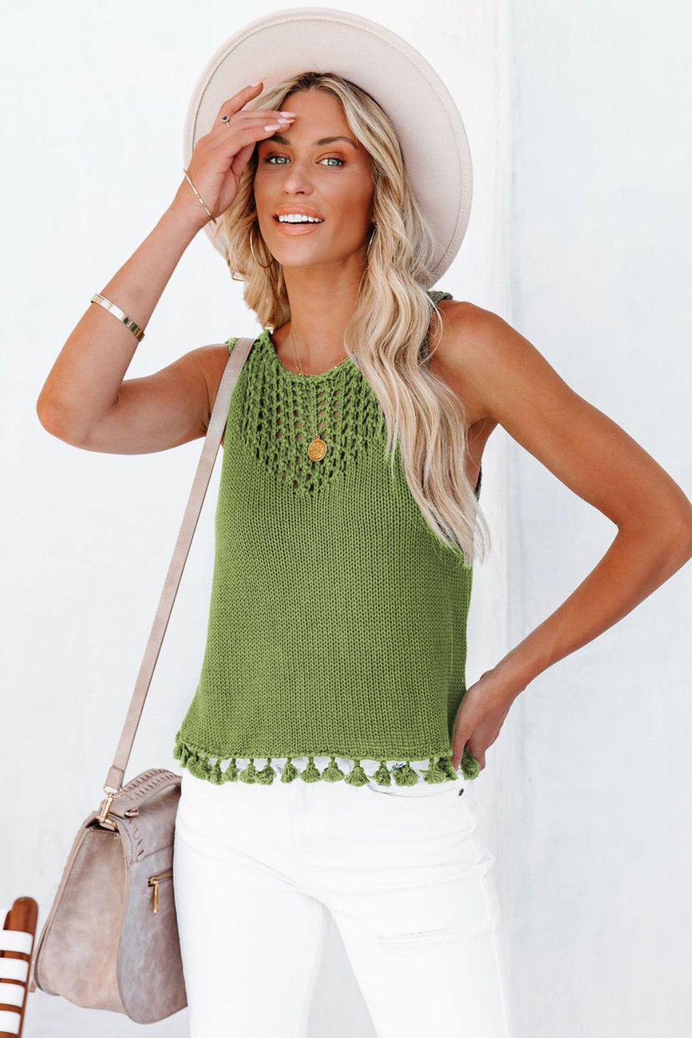 Openwork Tassel Hem Knit Tank BLUE ZONE PLANET