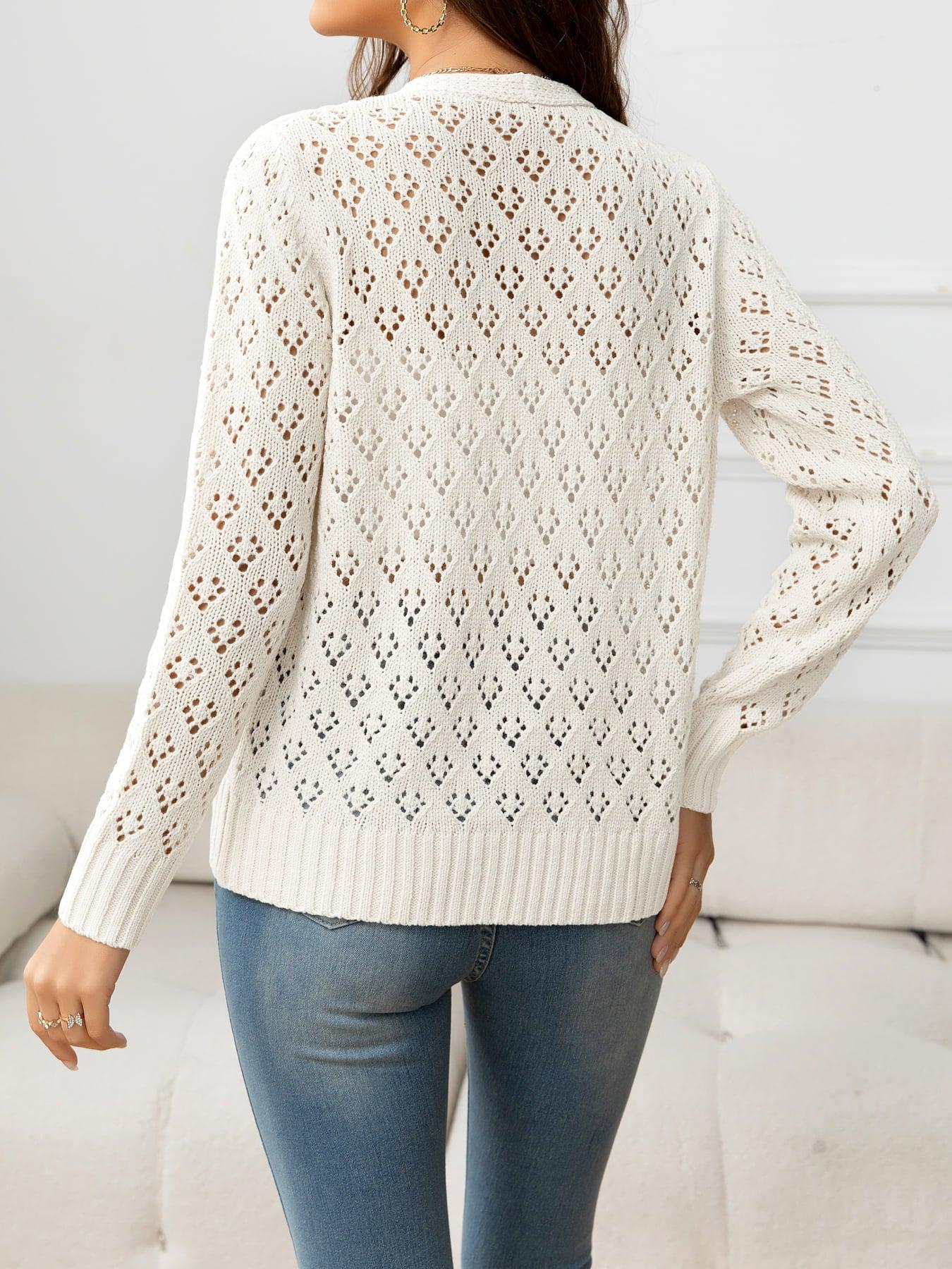 Openwork V-Neck Buttoned Knit Top BLUE ZONE PLANET