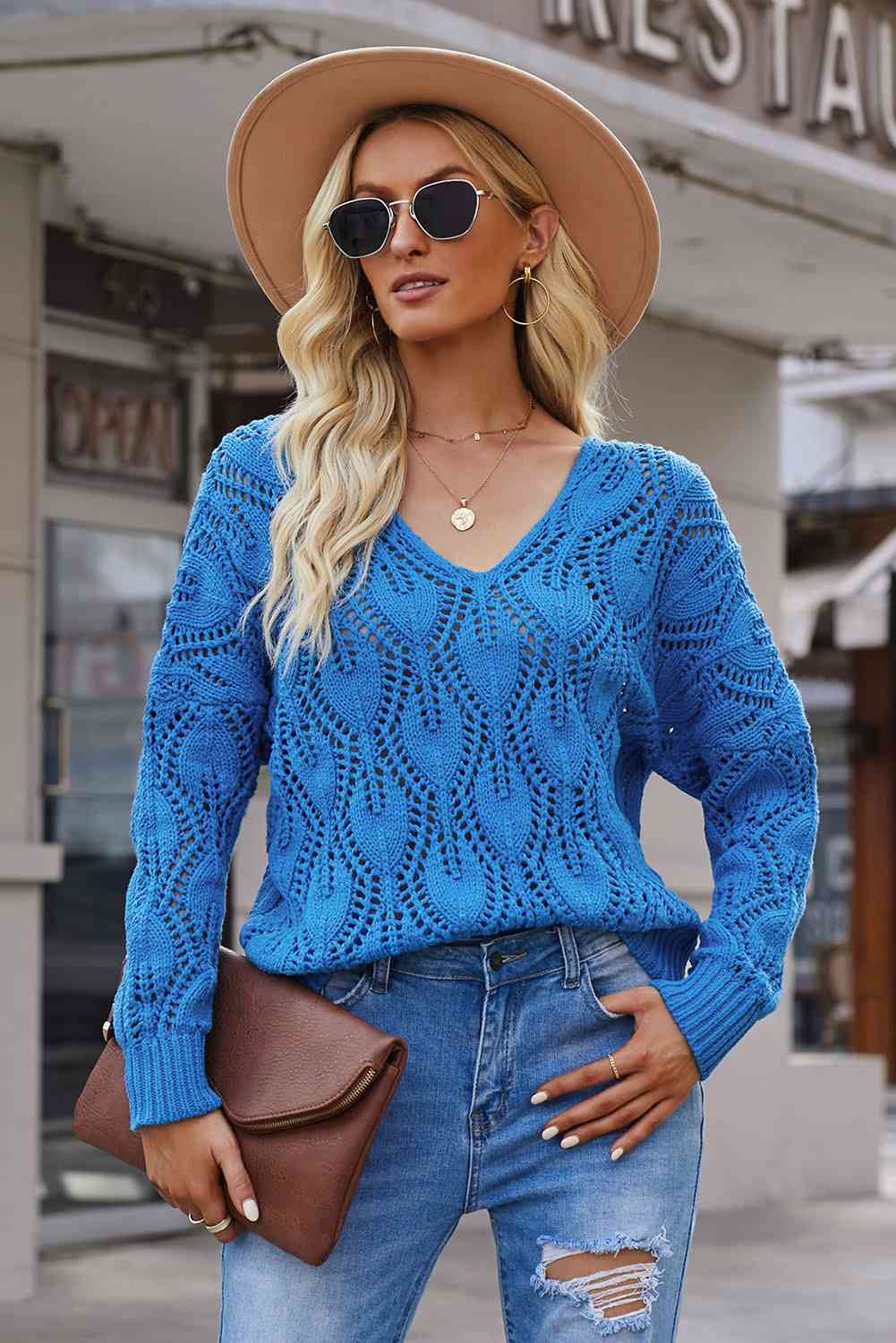 Openwork V-Neck Knit Top BLUE ZONE PLANET