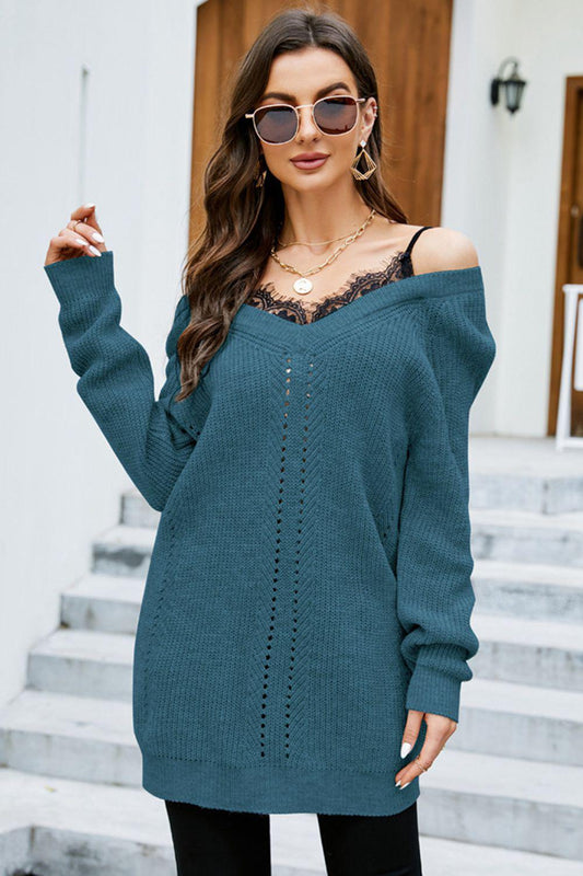 Openwork V-Neck Long Sleeve Sweater BLUE ZONE PLANET
