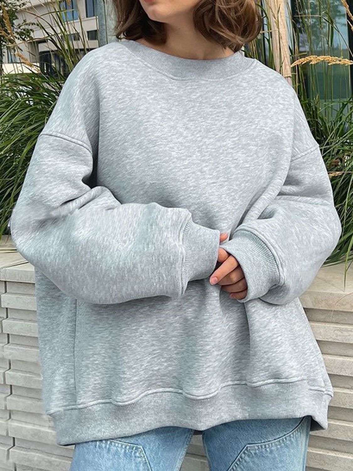 Oversize Round Neck Dropped Shoulder Sweatshirt BLUE ZONE PLANET