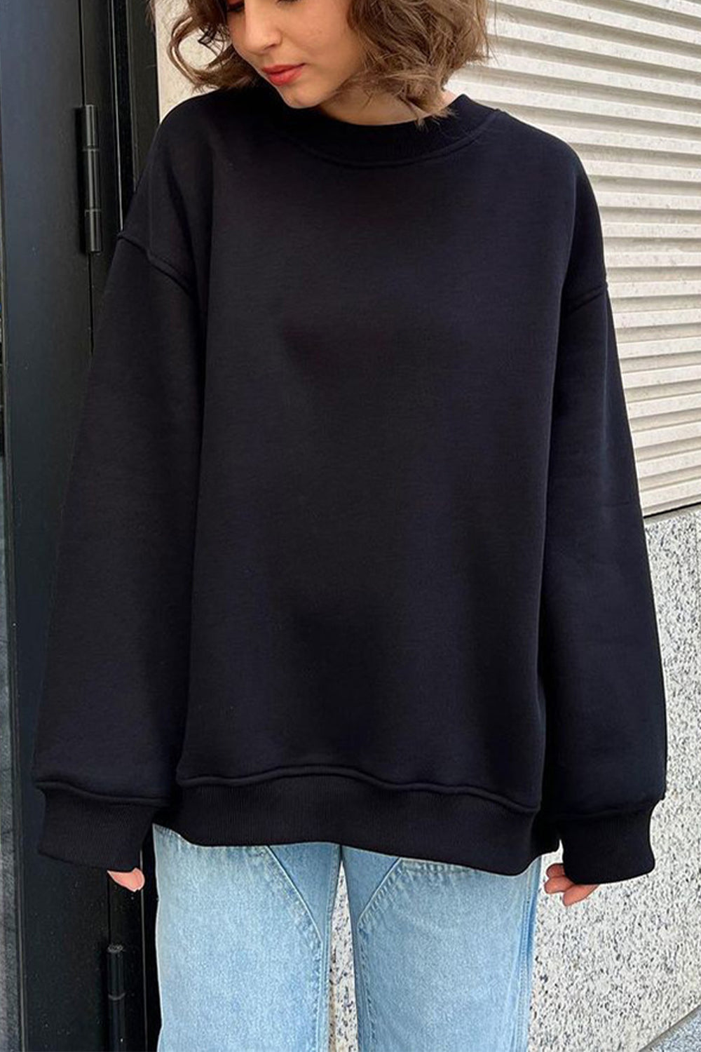 Oversize Round Neck Dropped Shoulder Sweatshirt BLUE ZONE PLANET