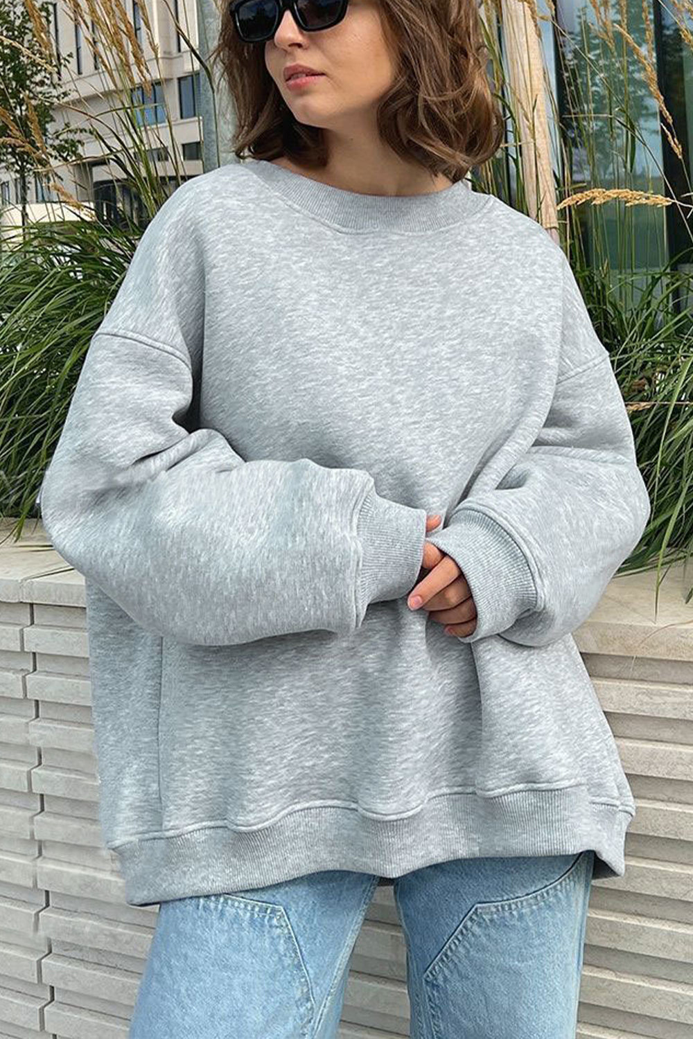 Oversize Round Neck Dropped Shoulder Sweatshirt BLUE ZONE PLANET