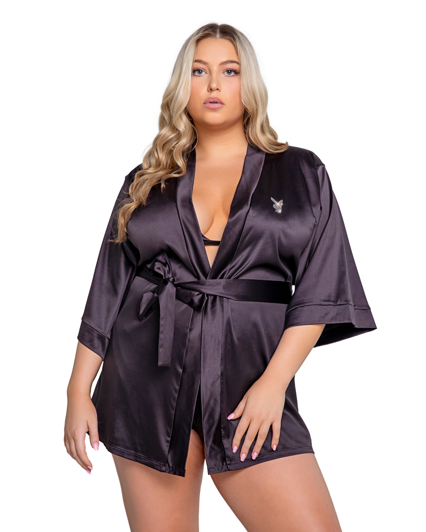 Blue Zone Planet | Playboy Sparkling Bunny Robe-LINGERIE-[Adult]-[Female]-1X/2X-Black-2022 Online Blue Zone Planet