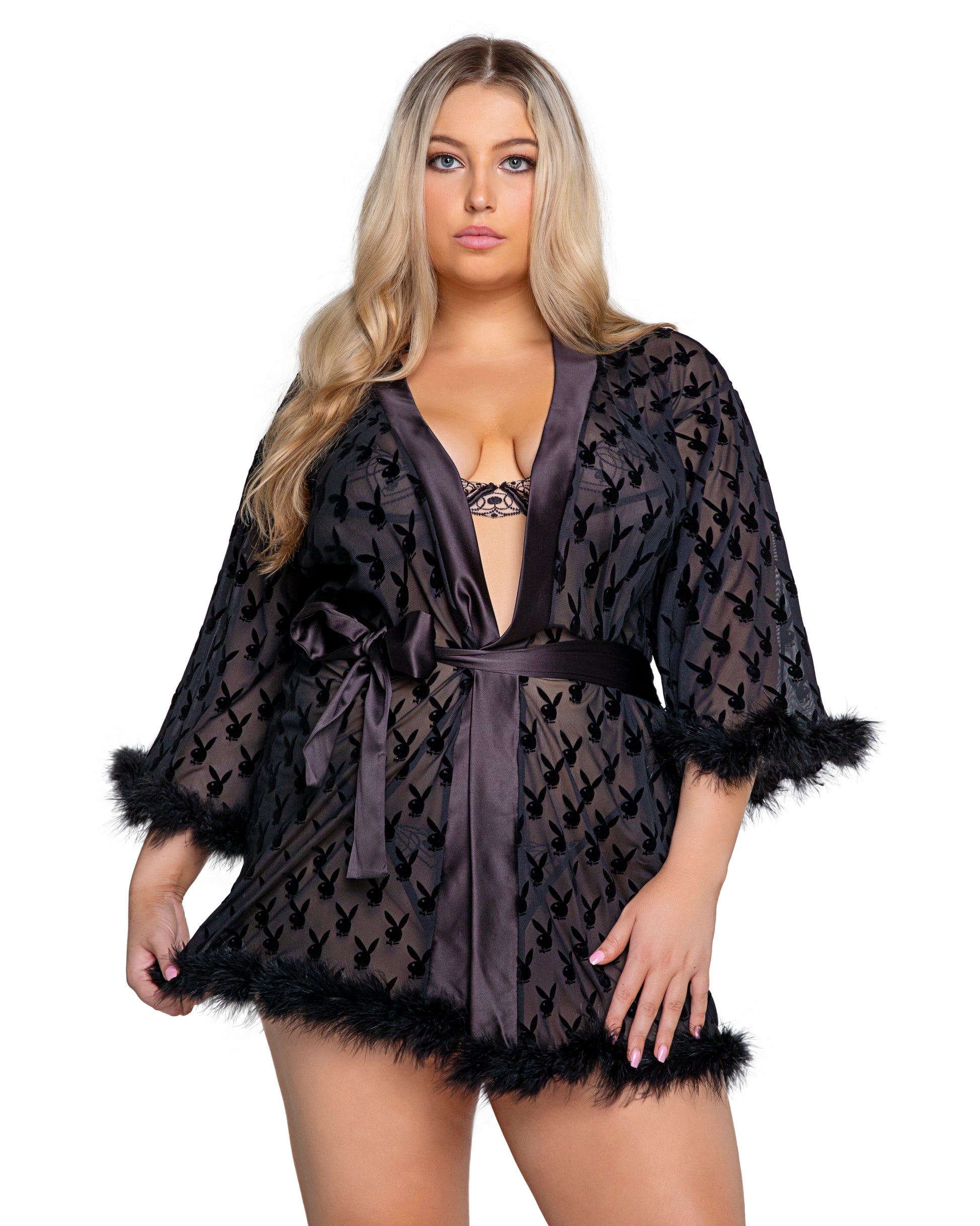 Blue Zone Planet | Playboy Bunny Noir Robe-LINGERIE-[Adult]-[Female]-1X/2X-Black-2022 Online Blue Zone Planet