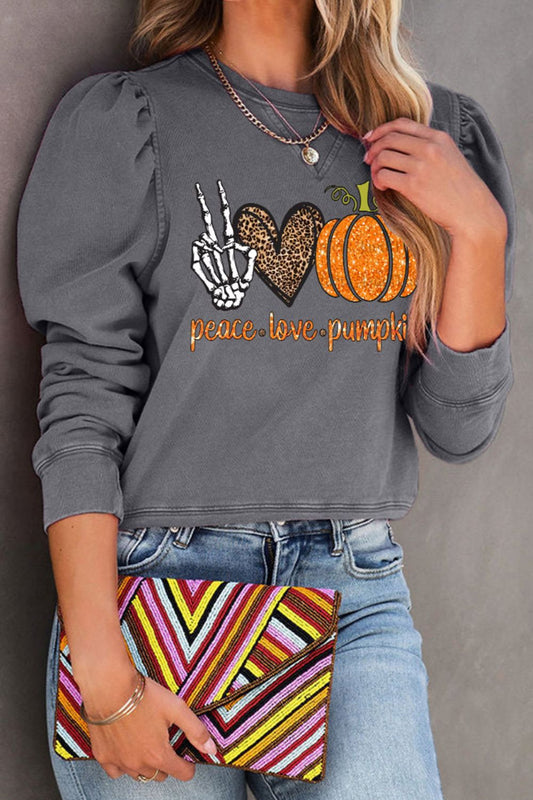 PEACE LOVE PUMPKIN Graphic Puff Sleeve Sweatshirt BLUE ZONE PLANET