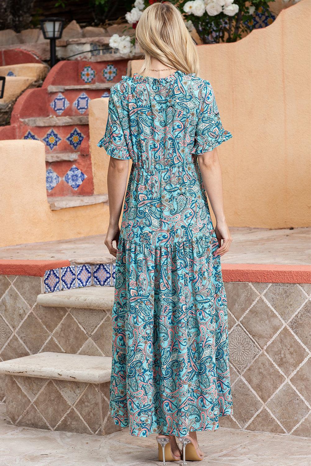 Paisley Print Flounce Sleeve Maxi Dress BLUE ZONE PLANET