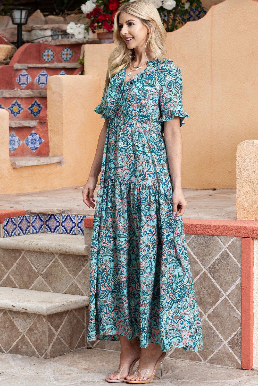 Paisley Print Flounce Sleeve Maxi Dress BLUE ZONE PLANET