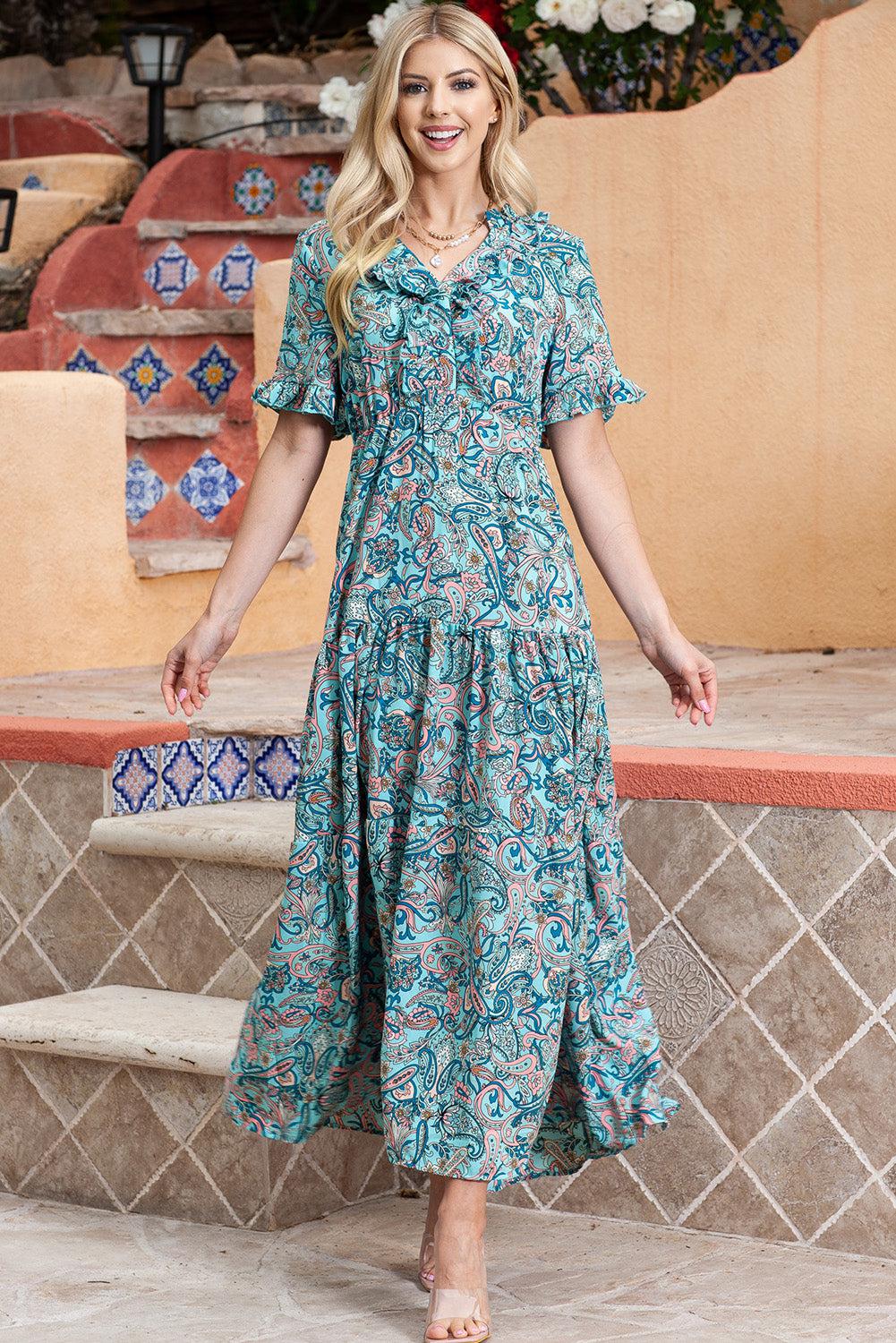 Paisley Print Flounce Sleeve Maxi Dress BLUE ZONE PLANET