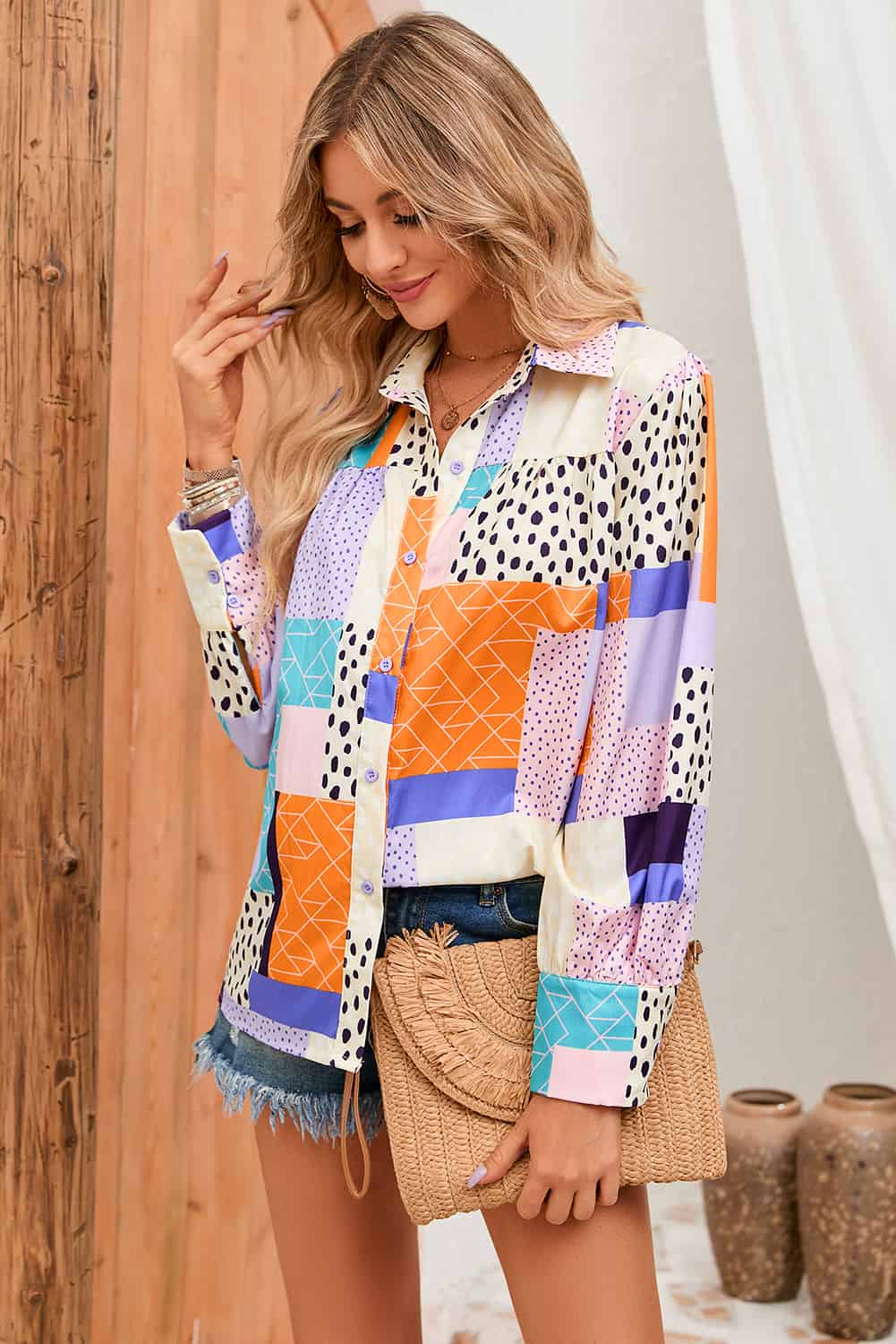 Patchwork Puff Sleeve Collared Shirt BLUE ZONE PLANET