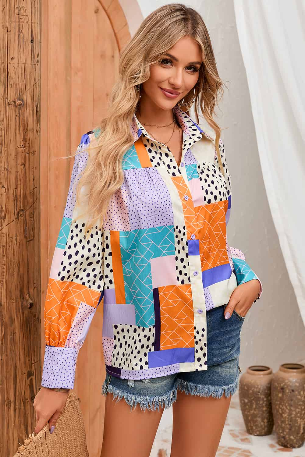 Patchwork Puff Sleeve Collared Shirt BLUE ZONE PLANET