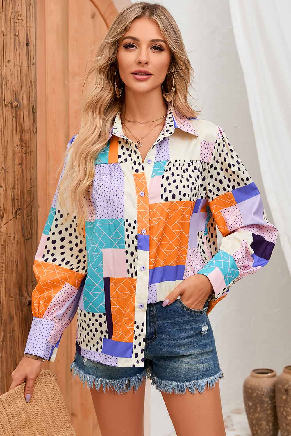 Patchwork Puff Sleeve Collared Shirt BLUE ZONE PLANET