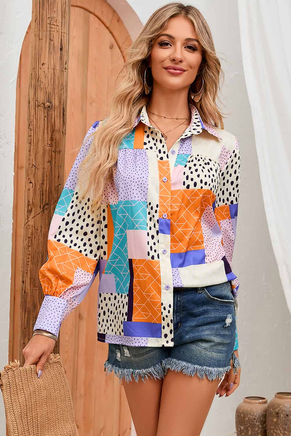 Patchwork Puff Sleeve Collared Shirt BLUE ZONE PLANET