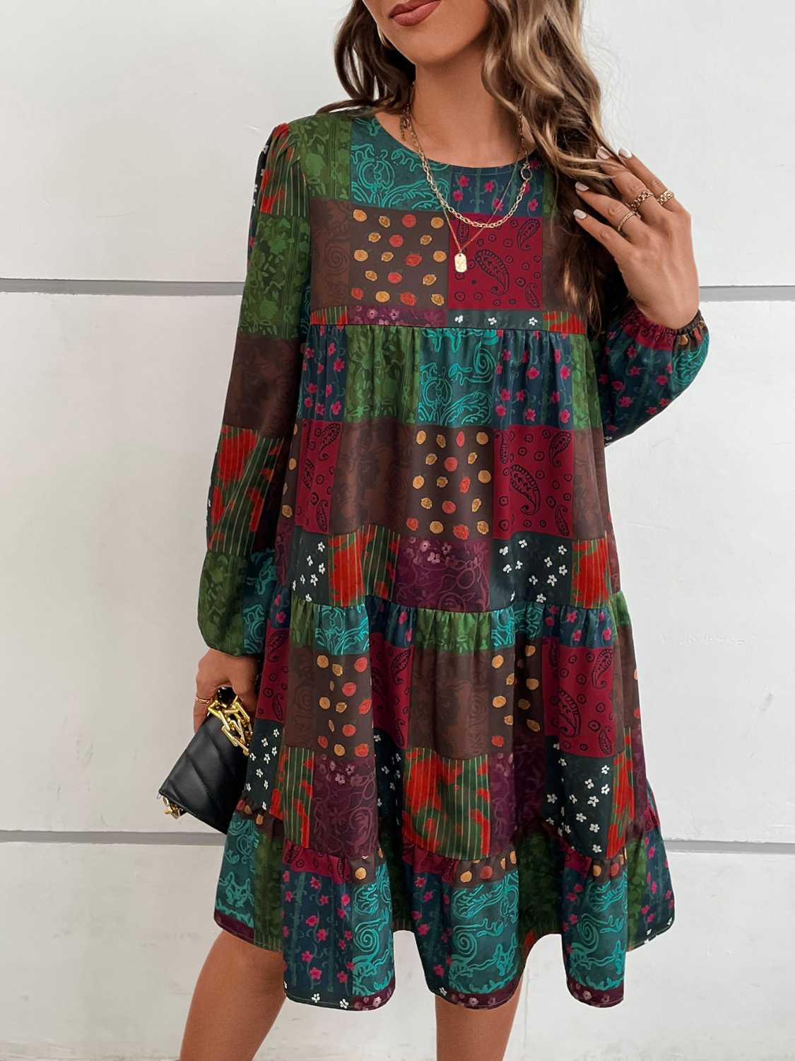 Patchwork Round Neck Long Sleeve Dress BLUE ZONE PLANET