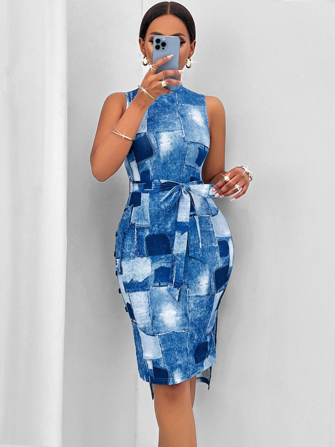 Patchwork Tie Waist Sleeveless Dress-TOPS / DRESSES-[Adult]-[Female]-2022 Online Blue Zone Planet