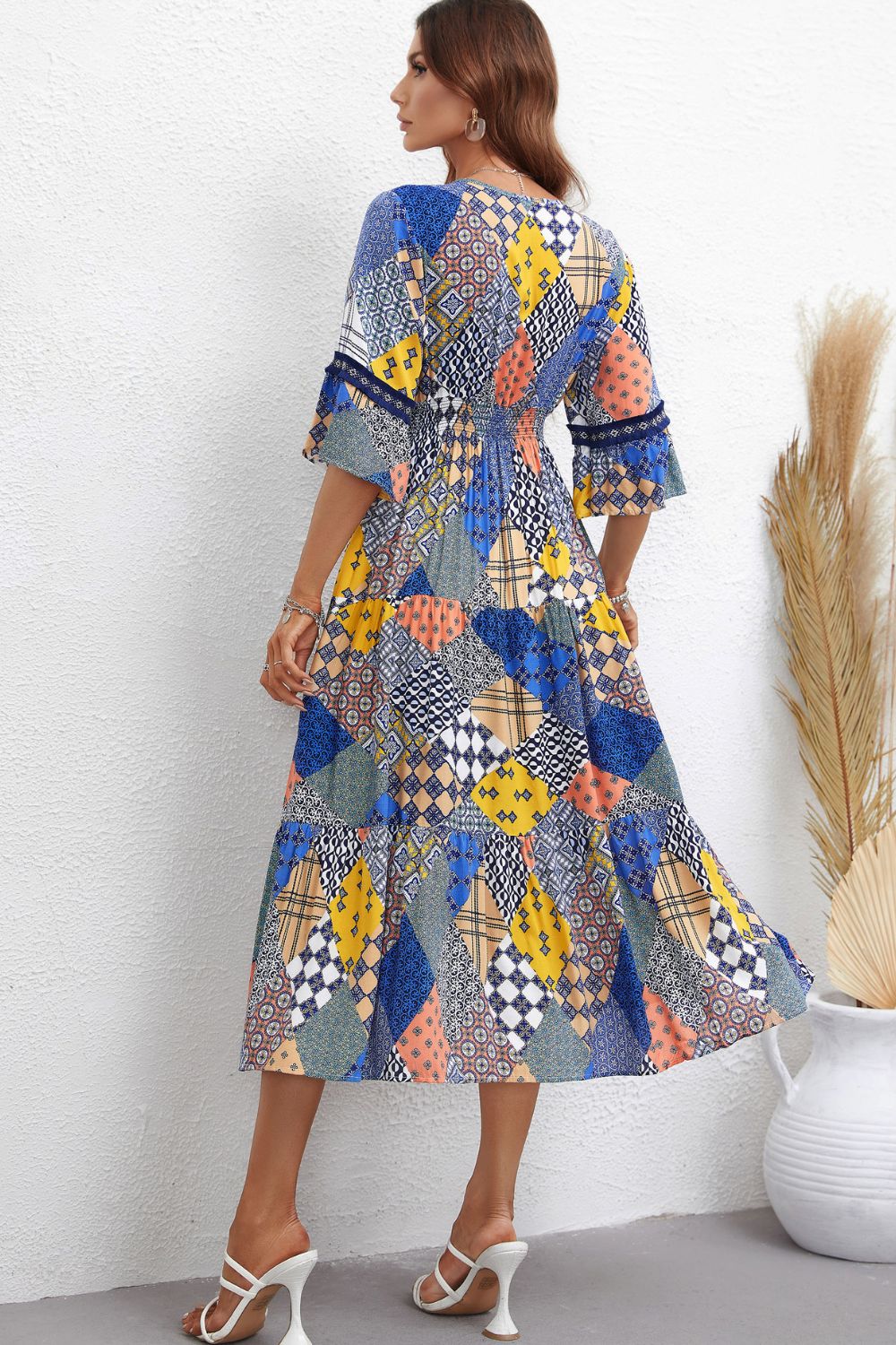 Patchwork V-Neck Tiered Midi Dress BLUE ZONE PLANET