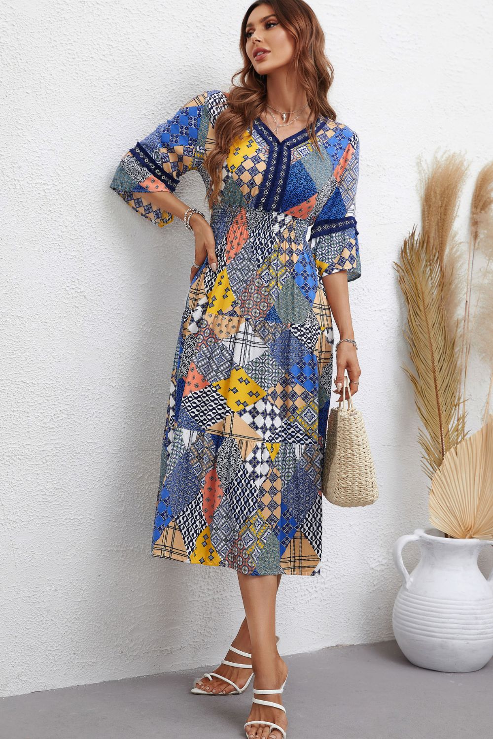 Patchwork V-Neck Tiered Midi Dress BLUE ZONE PLANET