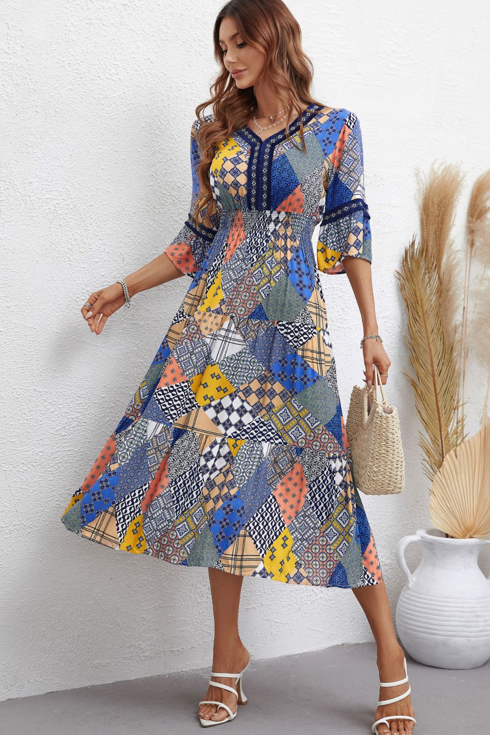 Patchwork V-Neck Tiered Midi Dress BLUE ZONE PLANET