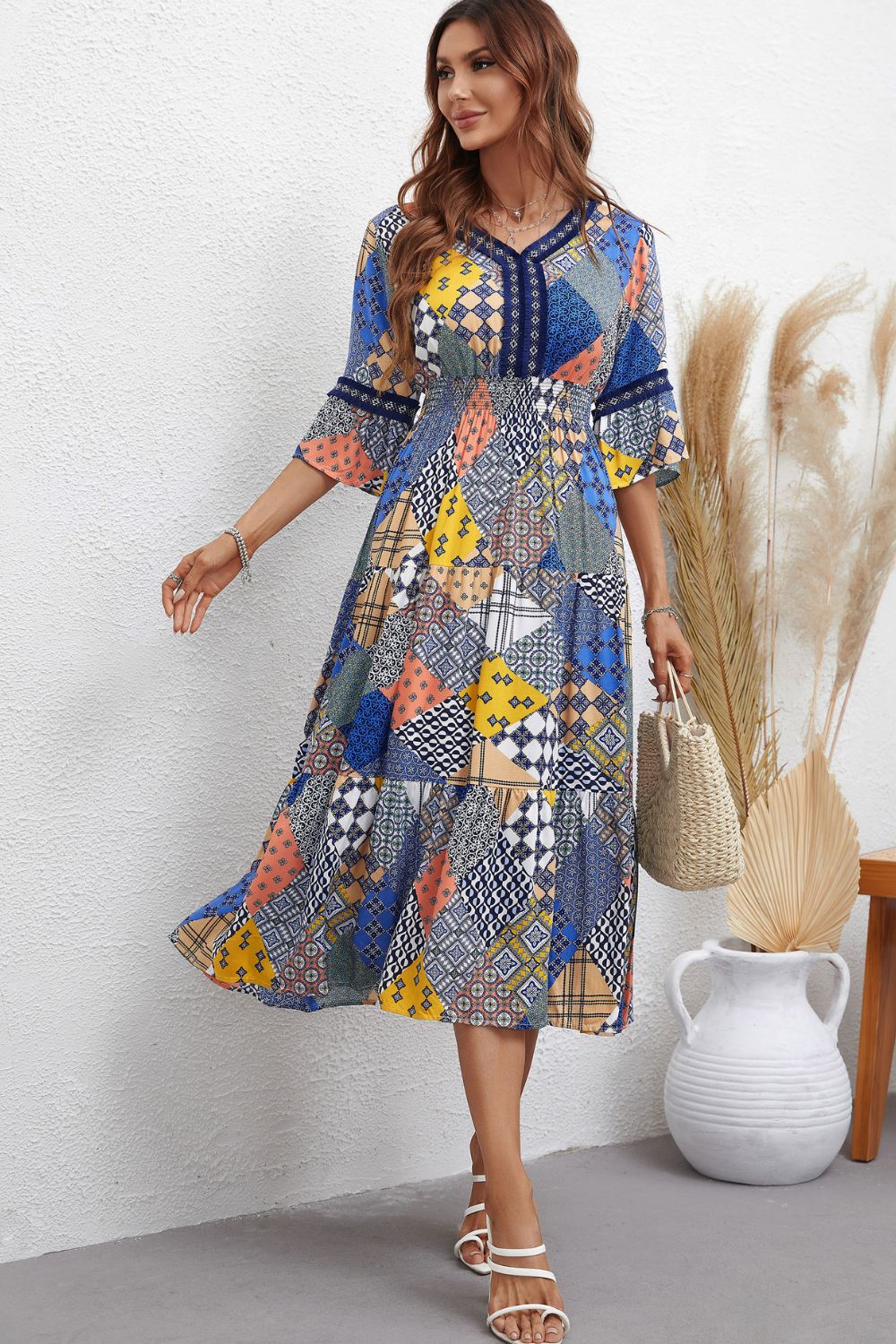 Patchwork V-Neck Tiered Midi Dress BLUE ZONE PLANET