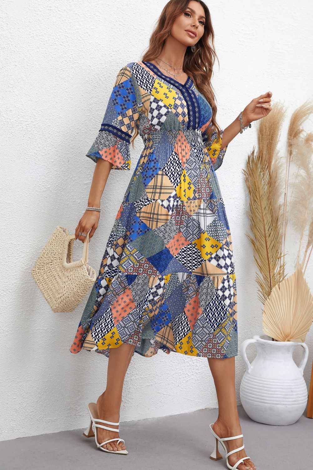 Patchwork V-Neck Tiered Midi Dress BLUE ZONE PLANET