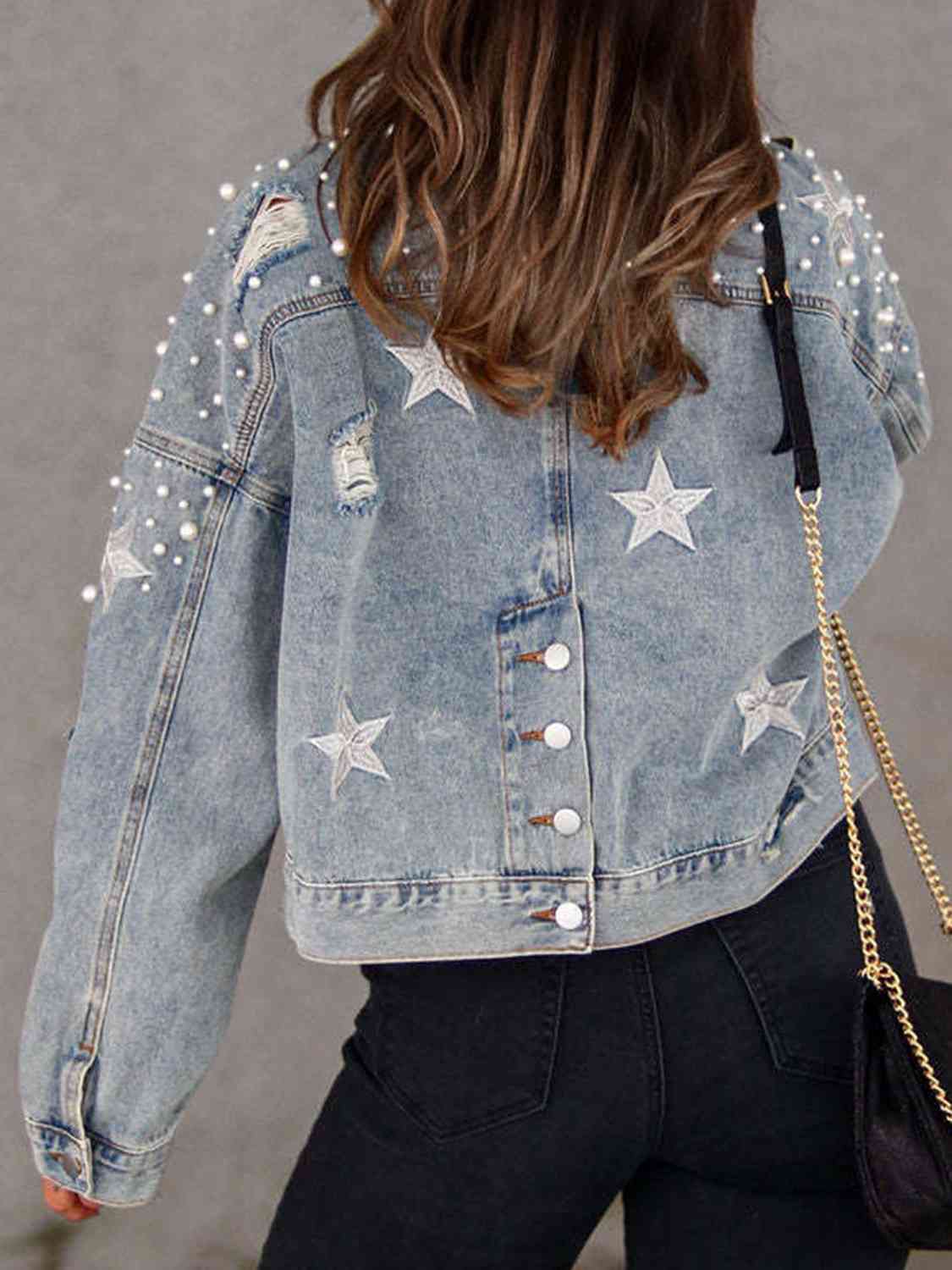 Pearl Trim Button Up Denim Jacket with Pockets BLUE ZONE PLANET