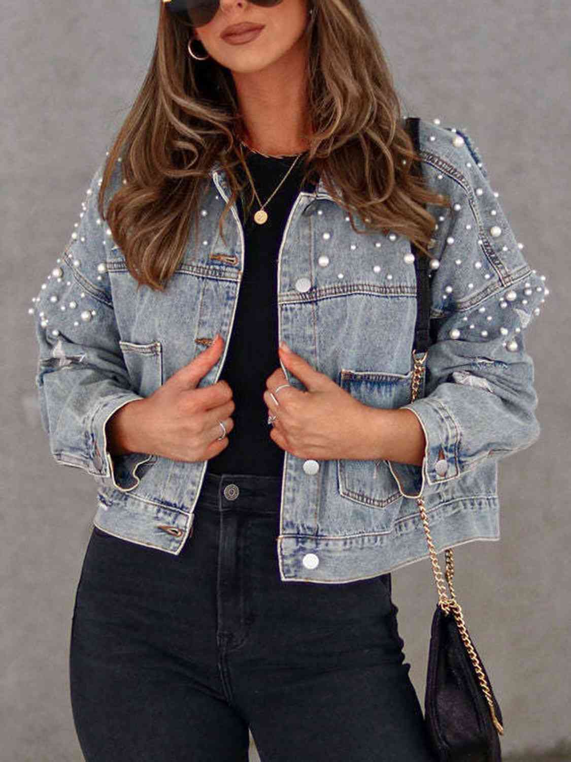 Pearl Trim Button Up Denim Jacket with Pockets BLUE ZONE PLANET