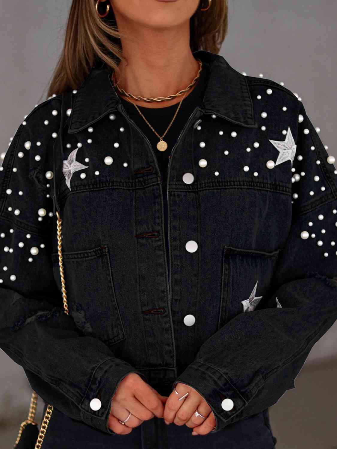 Pearl Trim Button Up Denim Jacket with Pockets BLUE ZONE PLANET