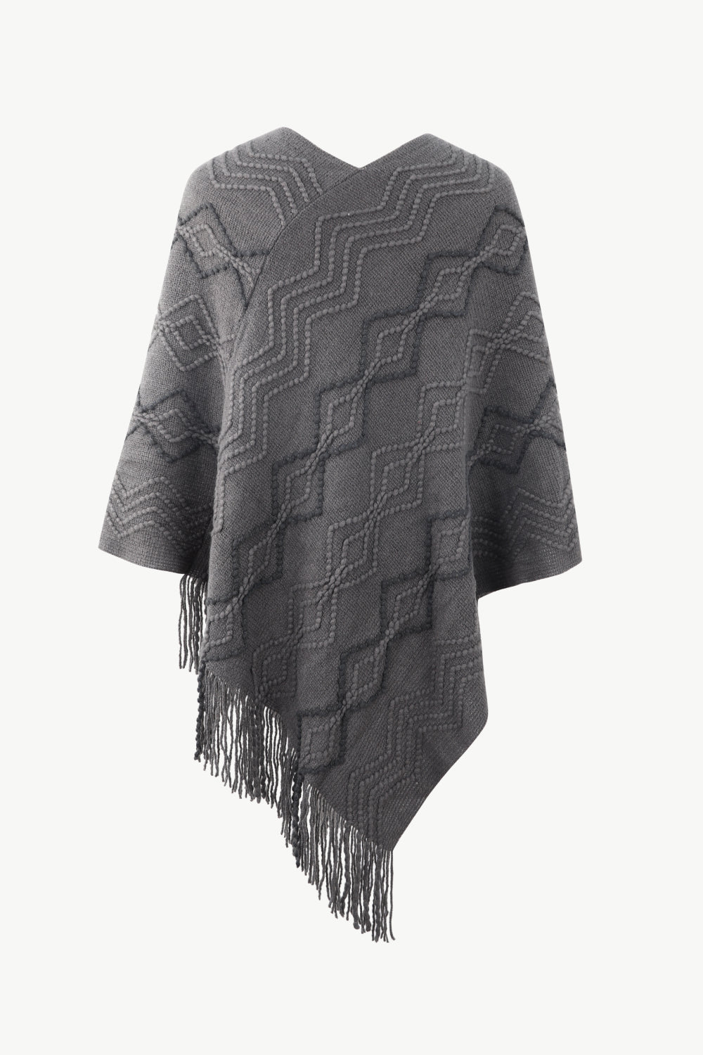 Pearl Trim V-Neck Fringe Hem Poncho BLUE ZONE PLANET