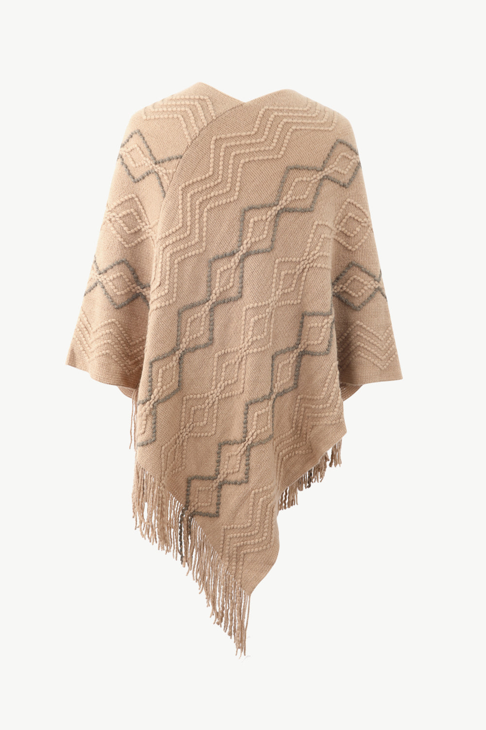 Pearl Trim V-Neck Fringe Hem Poncho BLUE ZONE PLANET