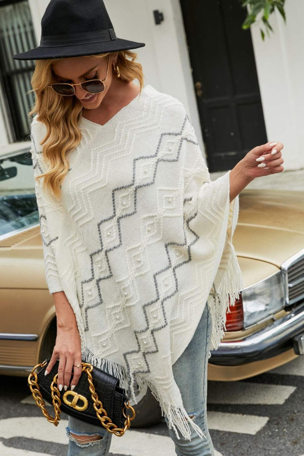 Pearl Trim V-Neck Fringe Hem Poncho BLUE ZONE PLANET