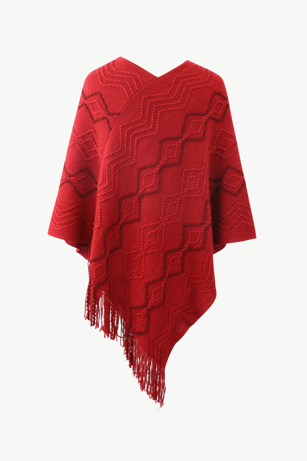 Pearl Trim V-Neck Fringe Hem Poncho BLUE ZONE PLANET