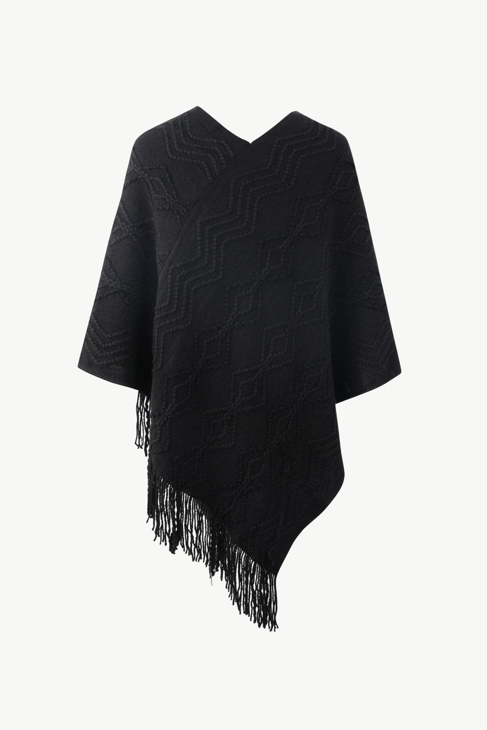 Pearl Trim V-Neck Fringe Hem Poncho BLUE ZONE PLANET