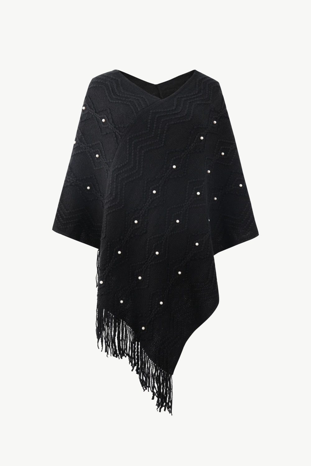 Pearl Trim V-Neck Fringe Hem Poncho BLUE ZONE PLANET