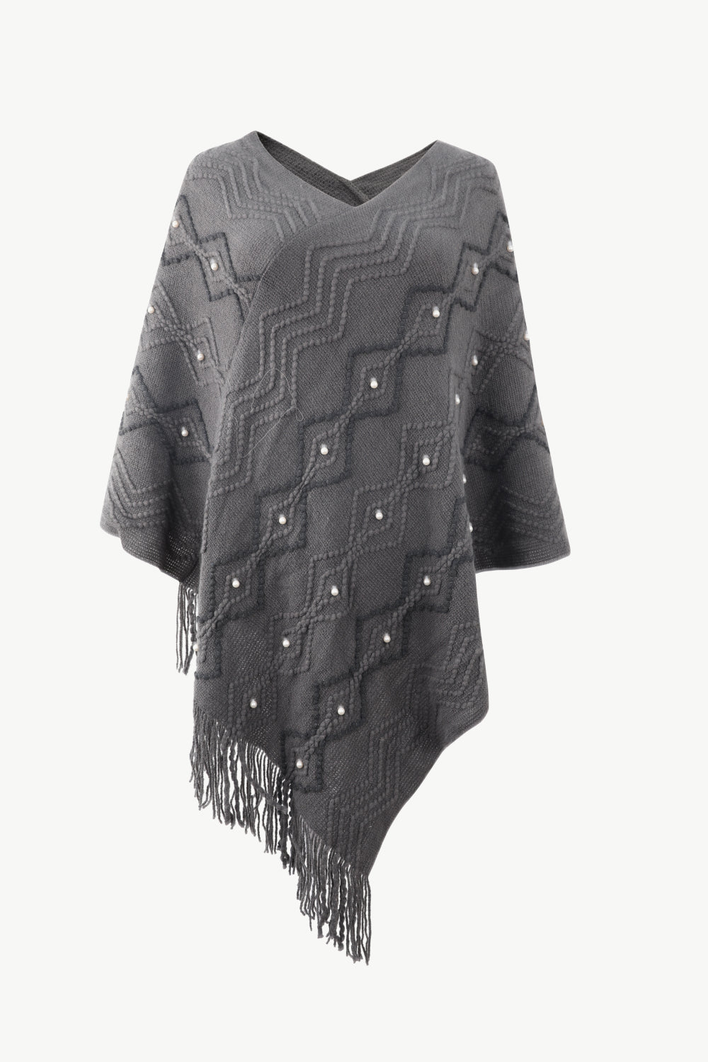 Pearl Trim V-Neck Fringe Hem Poncho BLUE ZONE PLANET