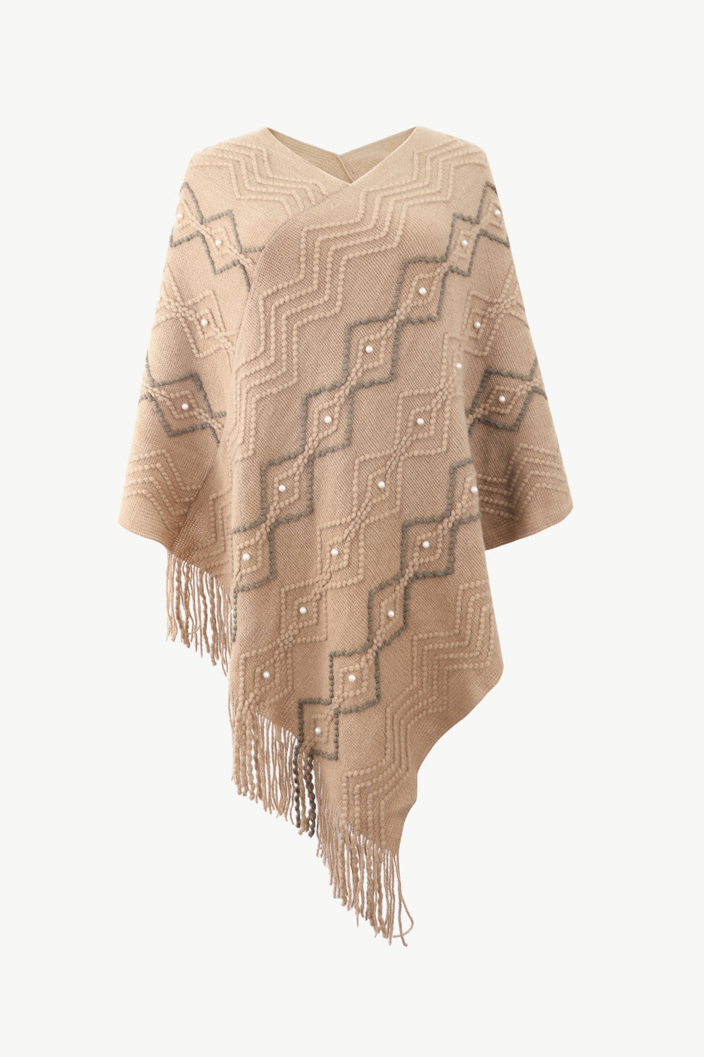 Pearl Trim V-Neck Fringe Hem Poncho BLUE ZONE PLANET