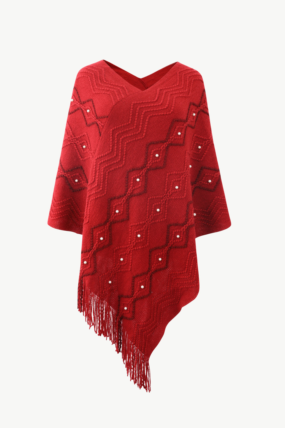 Pearl Trim V-Neck Fringe Hem Poncho BLUE ZONE PLANET