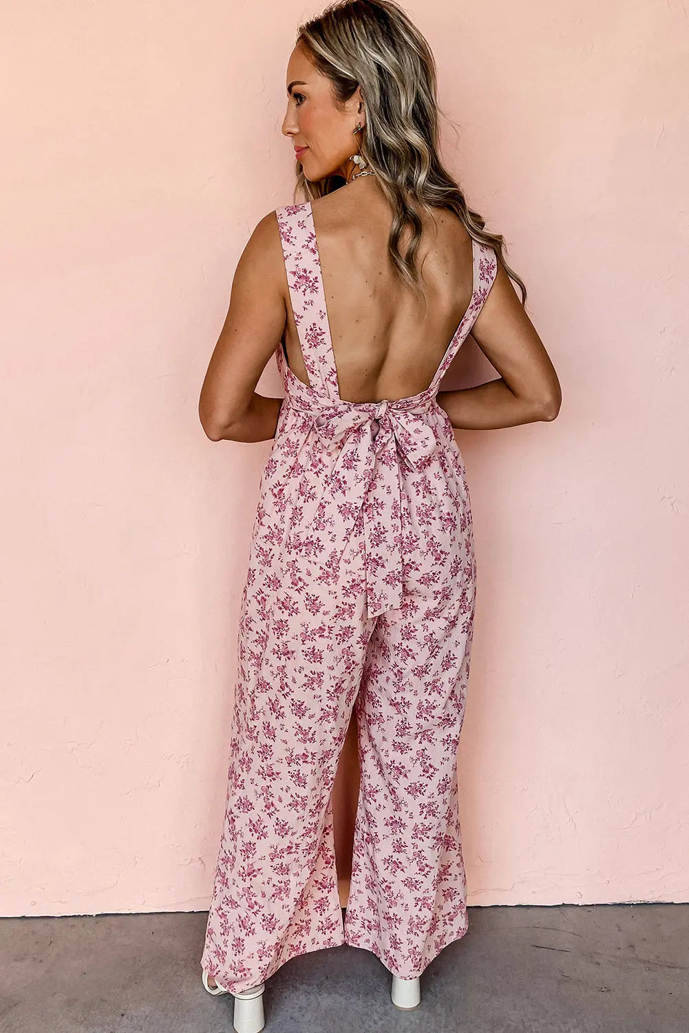 Pink Floral Scoop Neck Backless Sleeveless Jumpsuit Blue Zone Planet