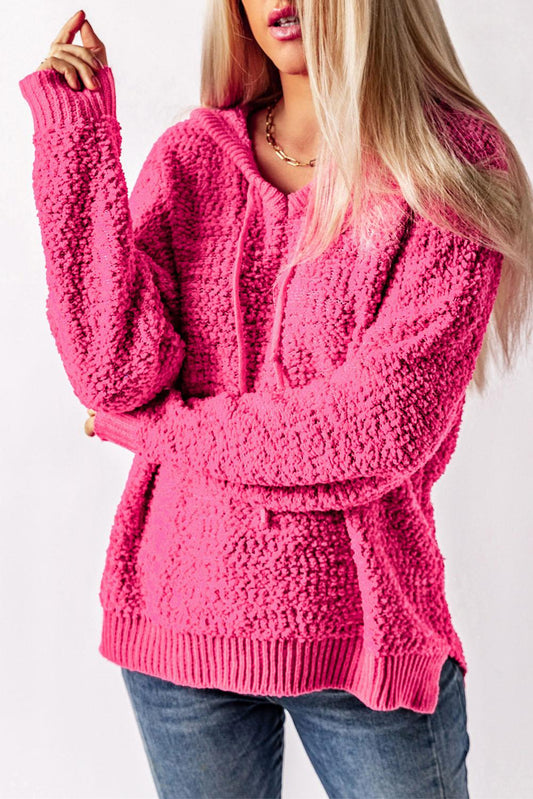Pink Popcorn Knit Slit Hooded Sweater BLUE ZONE PLANET