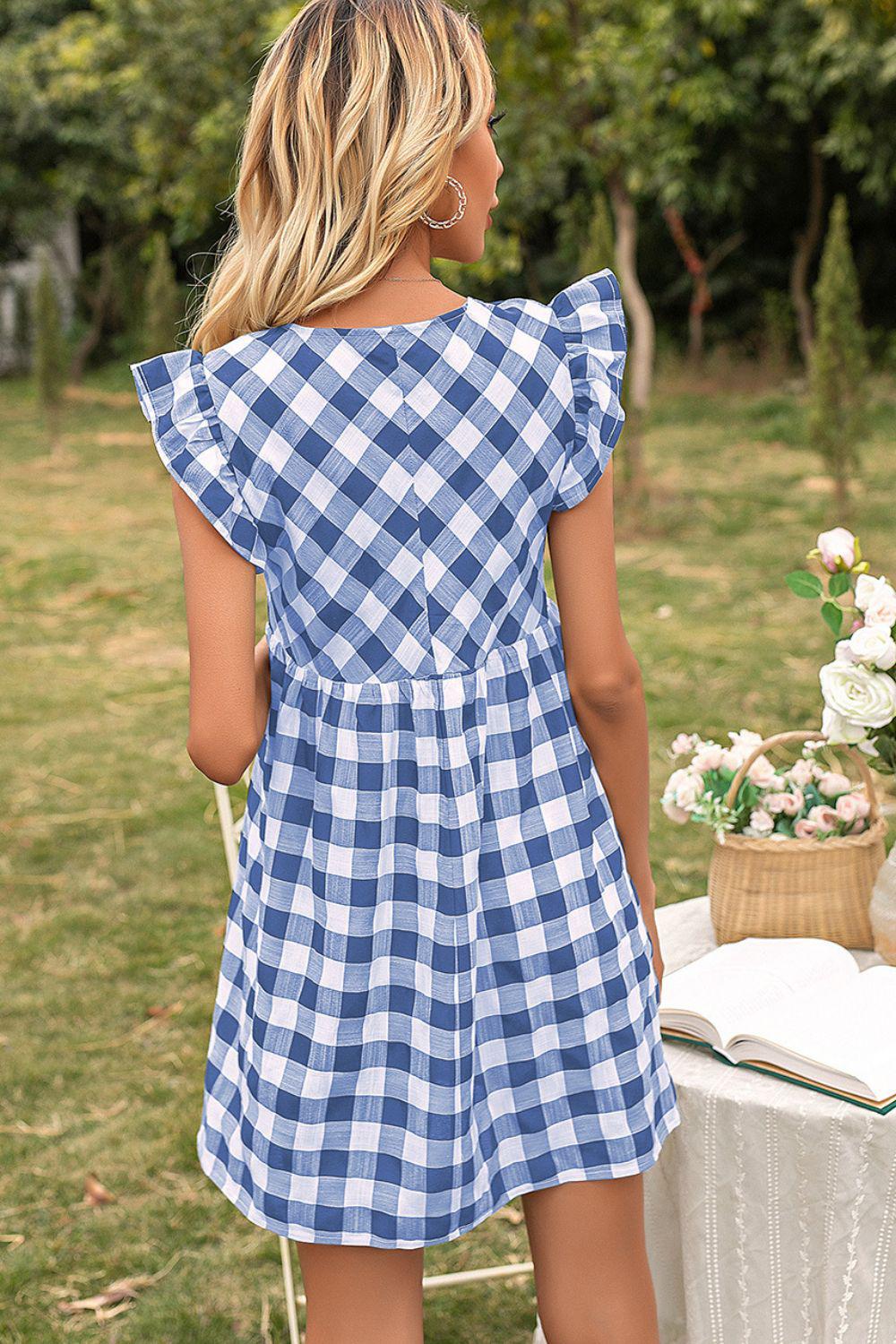 Plaid Butterfly Sleeve Deep V Dress BLUE ZONE PLANET