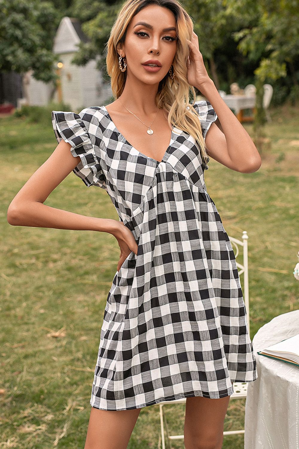 Plaid Butterfly Sleeve Deep V Dress BLUE ZONE PLANET