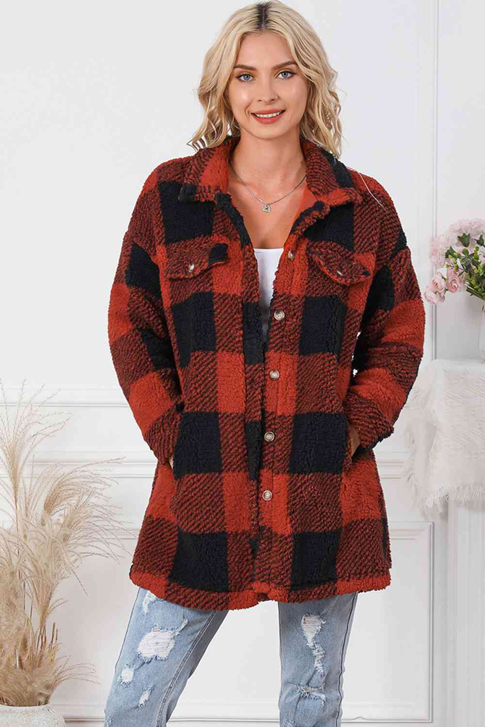 Plaid Button Down Coat with Pockets BLUE ZONE PLANET