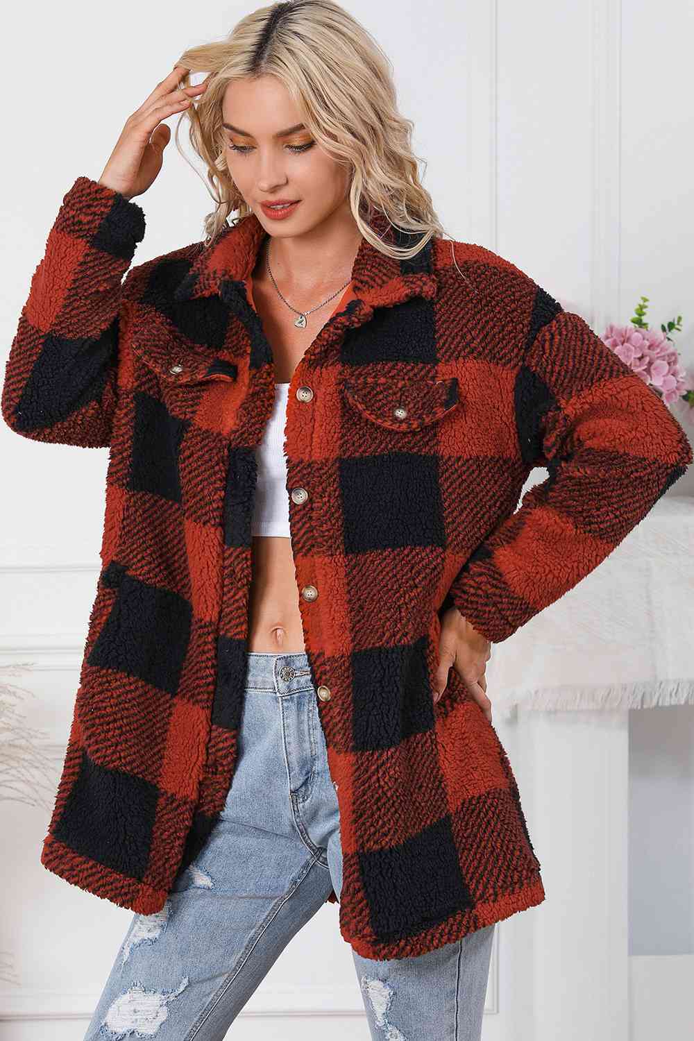 Plaid Button Down Coat with Pockets BLUE ZONE PLANET