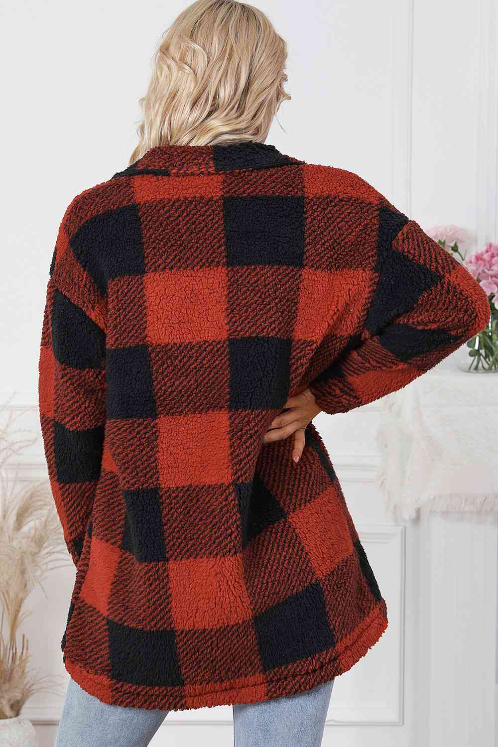 Plaid Button Down Coat with Pockets BLUE ZONE PLANET