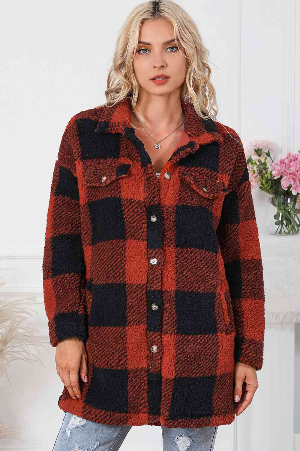 Plaid Button Down Coat with Pockets BLUE ZONE PLANET